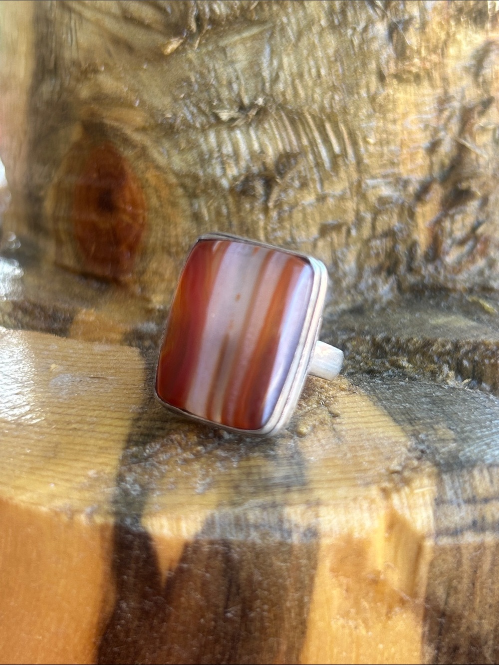 925 Striped Agate Statement Ring in Warm Orange and Cream
